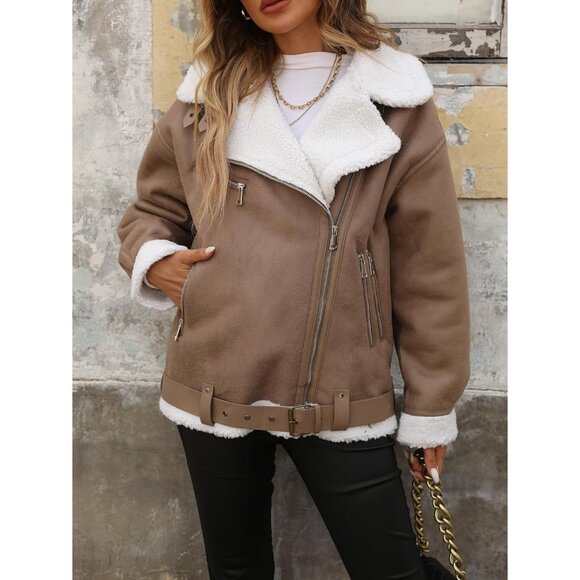 Women khaki LY VAREY LIN Faux Leather Sherpa Aviator Bomber Jacket - Picture 2 of 7